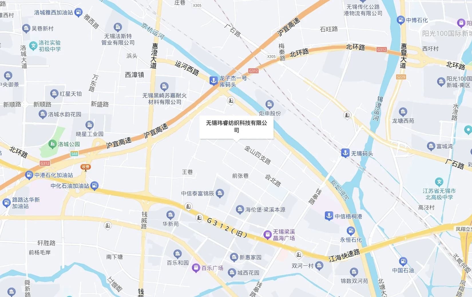 百度地图上的无锡玮睿纺织科技有限公司位置及会北路周边道路